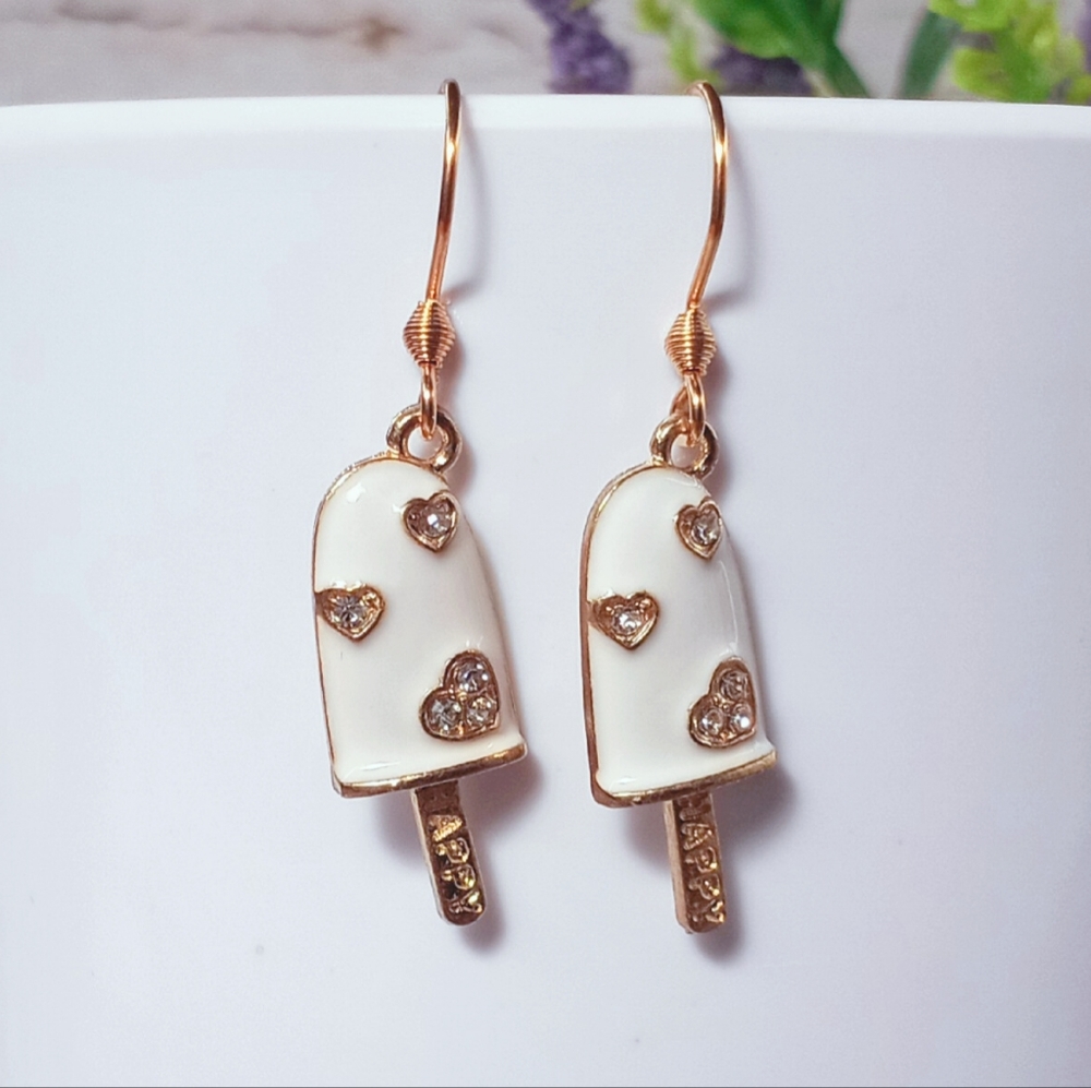 White "Happy" Popsicle Dangle Hook Earrings with Rhinestones